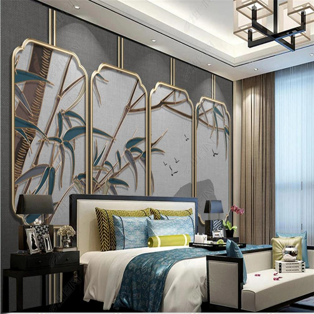 

3d wallpaper landscape wallpaper New bamboo bird golden embossed line background wall, As show