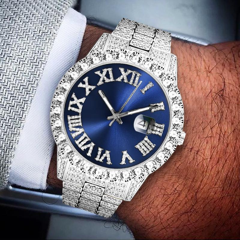 

Big Diamond Gold Men Watches Calendar Platinum Icd Male Clock Quartz Movt Steel Relog Hip Hop Iced Out Watch Wristwatches, 2643blue-gs