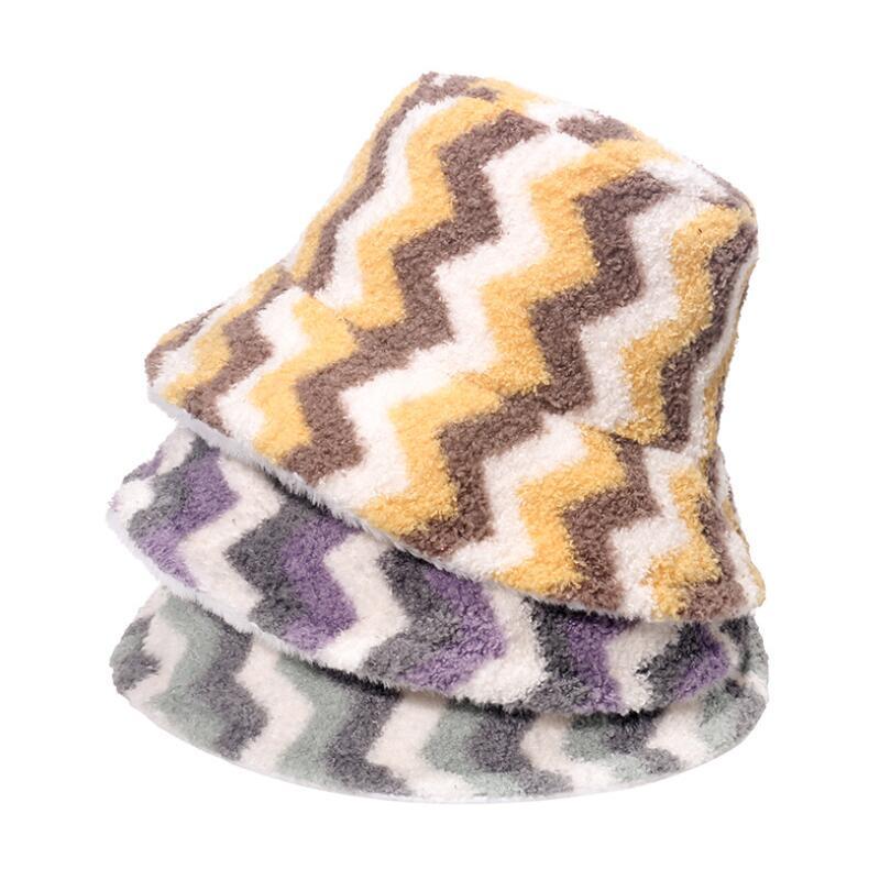 

Wide Brim Hats Wavy Stripes Wool Velvet Bucket Hat Winter Warm Fisherman Men Women Lady Basin Panama Flat Round Top Cap Unisex