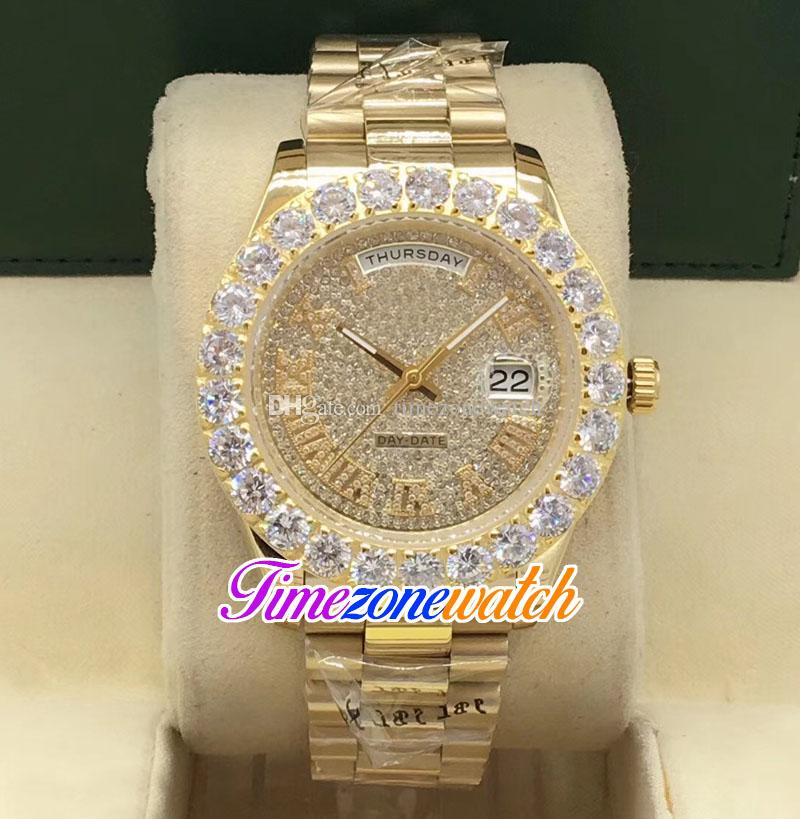 

44mm Day Date A2813 Automatic Mens Watch Big Diamond Bezel Gypsophila Dial Rome Markers 18K Yellow Gold Steel Bracelet Watches Timezonewatch E17b1 3 Color, E17a (1)