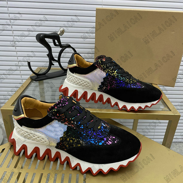 

Tiketa Run Red Flat Bottom Rivet Designer Shoes Low Cut Bottoms Suede Mens Sneakers Designers Runner Trainers Shoe Leather Lace-up Womens Lu, Black