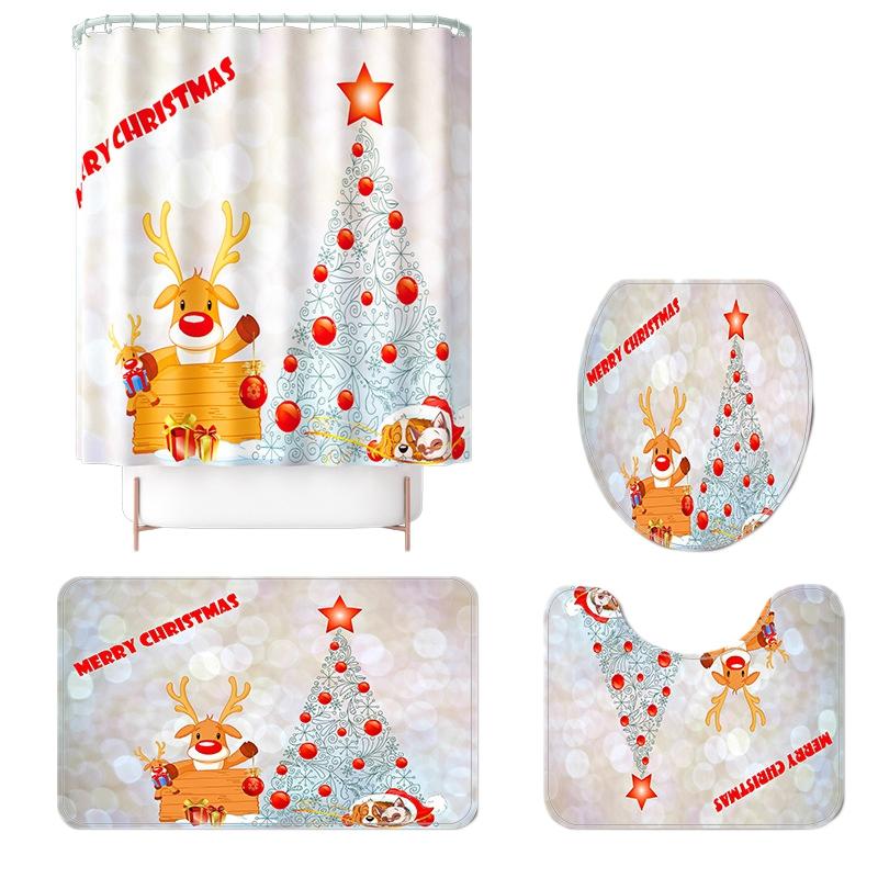 

4 Pcs Set Christmas Tree Elk Print Base Rug + Bathroom Mat and Waterproof Shower Curtain, Non-Slip Toilet Cover Mat Set