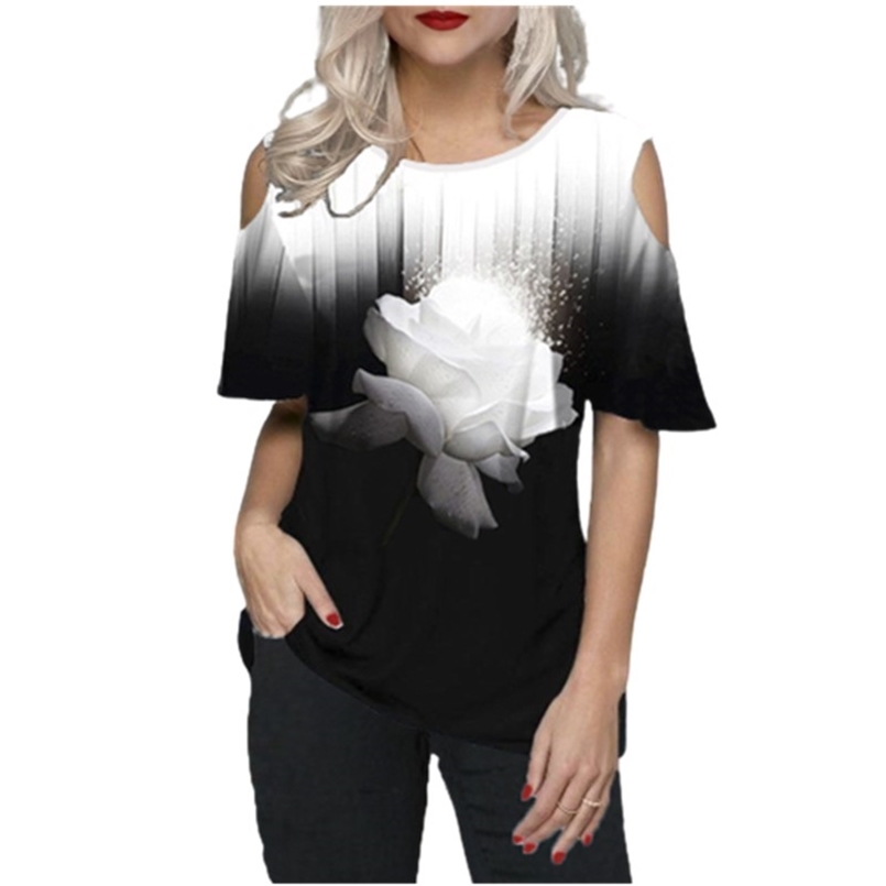 

Summer Rose Floral T Shirt Women Off Shoulder Short Sleeve 3D Printing Casual Loose Tees Fashion Tops Streetwear Pullovers 210708, J001