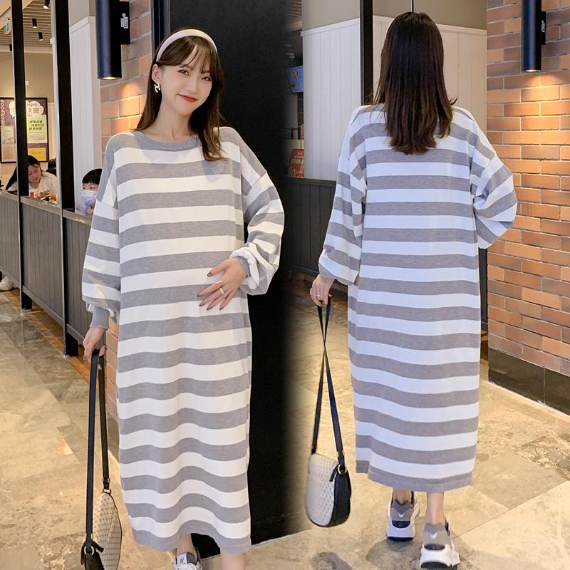 

Maternity Dresses 689# Dress Long Sleeves Striped Midi Plus Size Pregnancy Large Pregnant Woman Mom, White