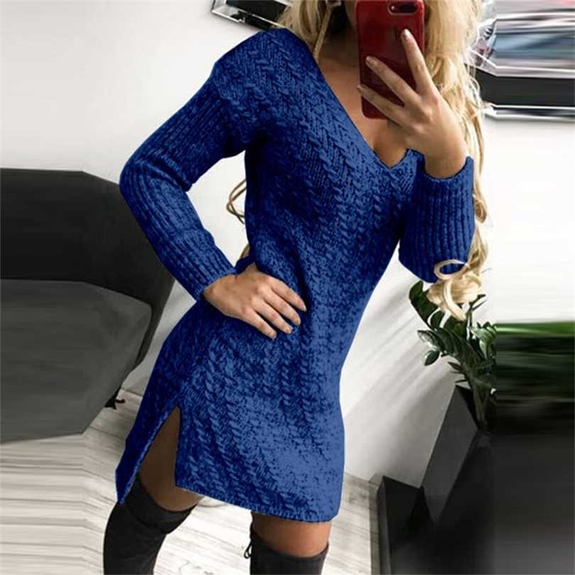 

Autumn Vintage Long Sleeve Slim Bodycon Mini Dress Winter Twist Knitted Sweater Women Casual Deep V Neck Slit Party 211110, 02 gray