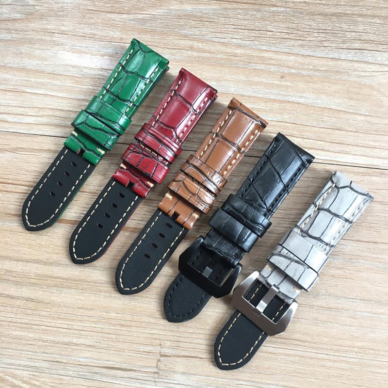 

Watch Bands Fashion 24mm Black Brown Green Red Gray Crocodile Pattern Genuine Leather Watchband For PAM Wacth Strap PAM111 441 Bracelet