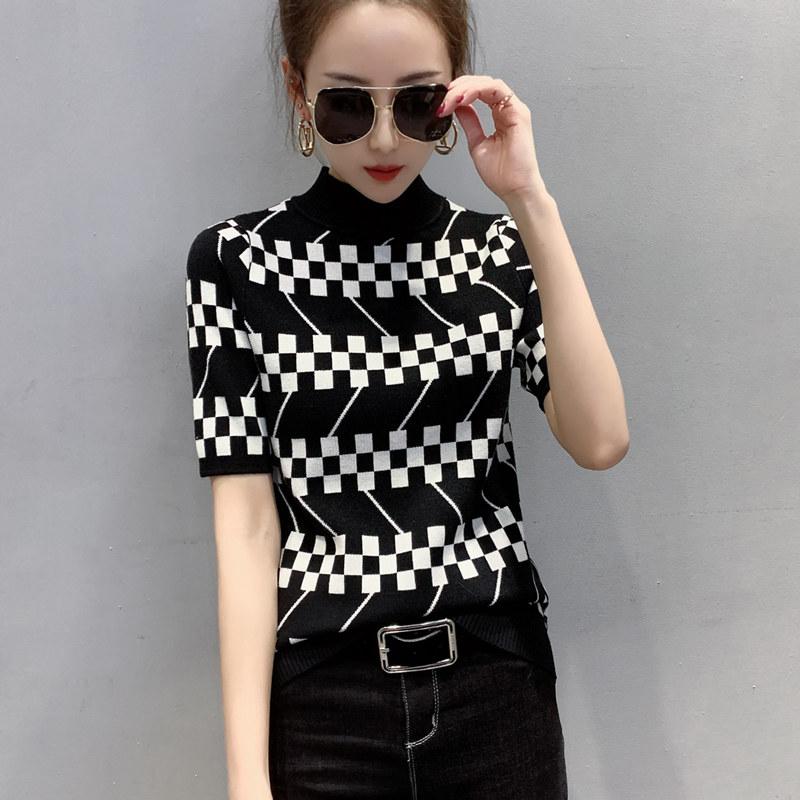 

Women' Sweaters #3827 Black Blue Khaki Plaid Knitted Sweater Women Turtleneck Slim Korean Casual Pullover Knitwear Short Sleeved
