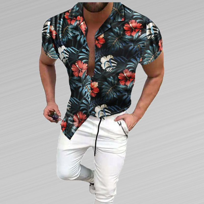 

men's casual printed loose shirts beach top Vintage hombre hawaiian Tropical Flower Print Shirt summer blusa blouse, As picture