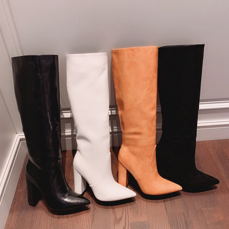 Kvinna Black Knee Boots 10,5cm Chunky High-Heeled Designer Martin Long Boot Solid Färg Äkta Läder Elastiska Booties