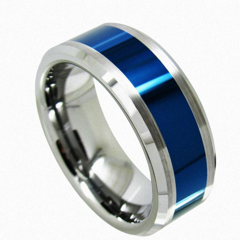 

Wedding Rings Men Ring Tungsten Blue Polished Center Brushed 8mm Titanium Color Statement Luxury Anniversary Jewelry