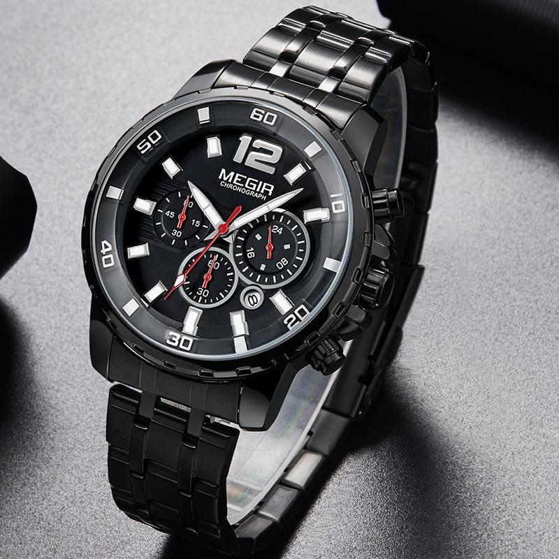 

Wristwatches Megir Men's Black Stainless Steel Quartz Watches Business Chronograph Analgue Wristwatch For Man Waterproof Luminous 2068GGD-2N