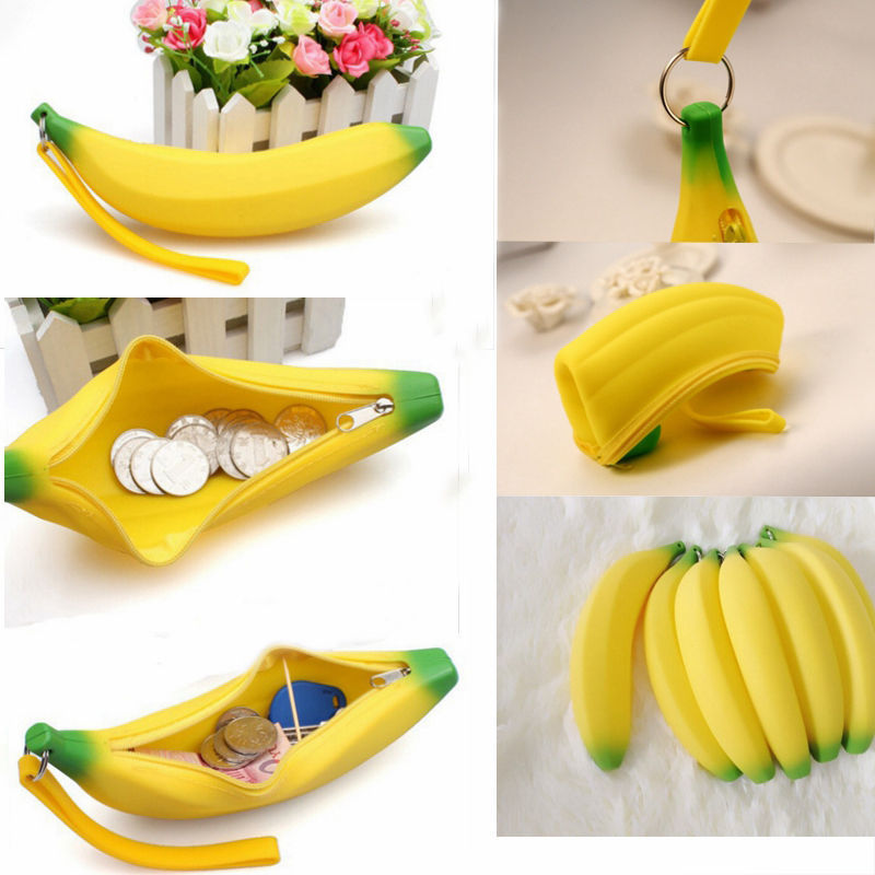 

Kawaii Unisex Men Women Novelty Silicone Portable Banana Coin Pencil Pen Case Purse Bag Case Wallet Pouch Keyring, Red;black
