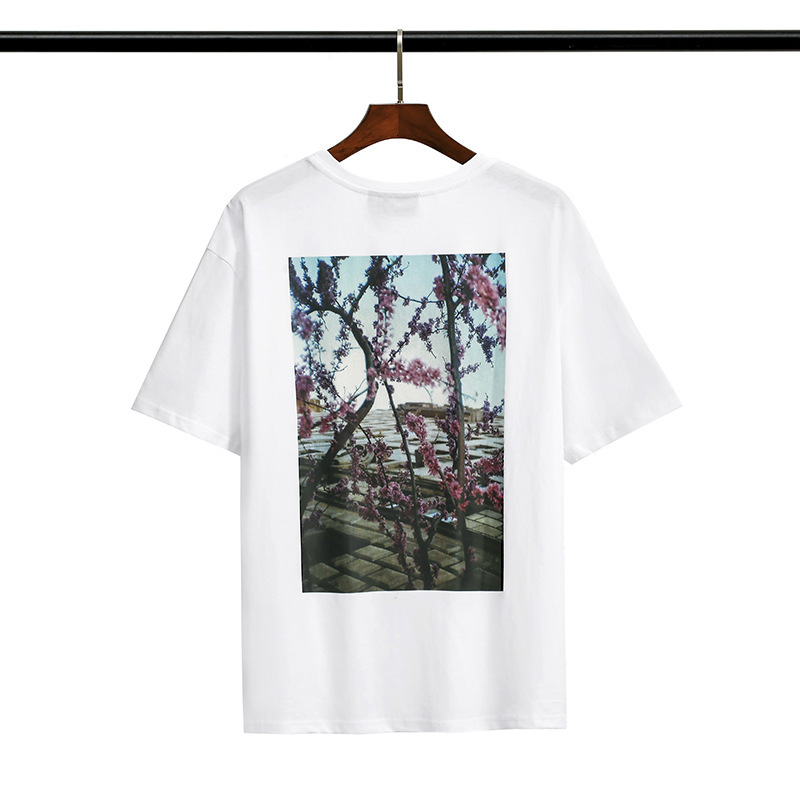 

2021 New High street fog flower feel of God essentials photo double line short sleeve T-shirt for couples, White;black