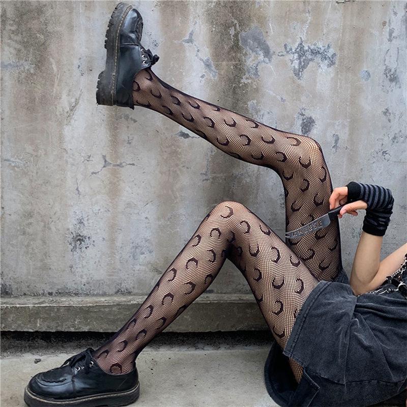 

Women's Tight Summer Socks Nylon Moon Print Stockings Sexy Lingerie Female Seamless Fishnet Mesh Pantyhose Tights, White