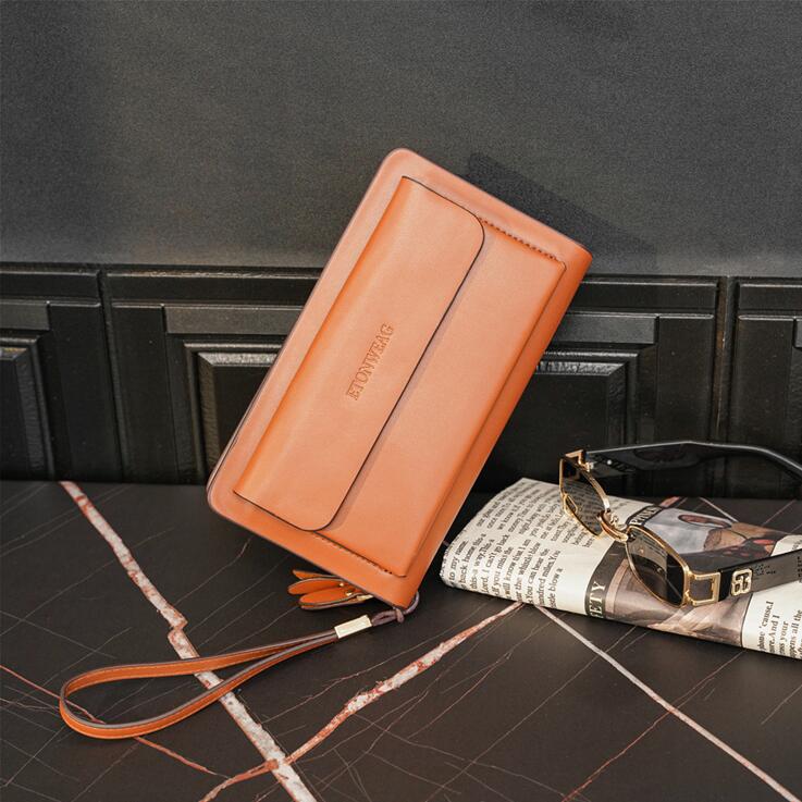 

Factory wholesale men bag Joker zipper solid color leather wrist bags multi-card long three colors mens handbag fashion business leathers storage wallet, Black(boutique box)