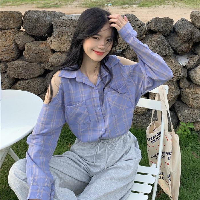 

Women's Blouses & Shirts Off Shoulder Plaid Blouse Women Korean Fashion Clothing Loose Ladies Tops Spring Autumn Long Sleeve Causal Female I, Photo color