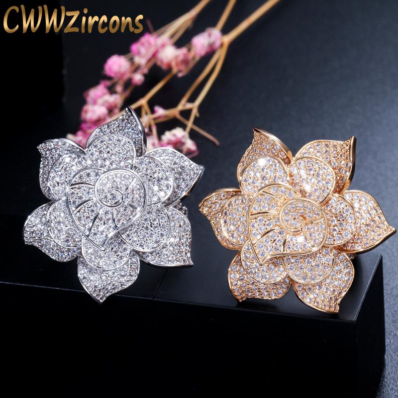 

CWWZircons Statement Yellow Gold Color Luxury Cubic Zirconia Stone Big Geometric Flower Wedding Party Rings For Women R041 Band