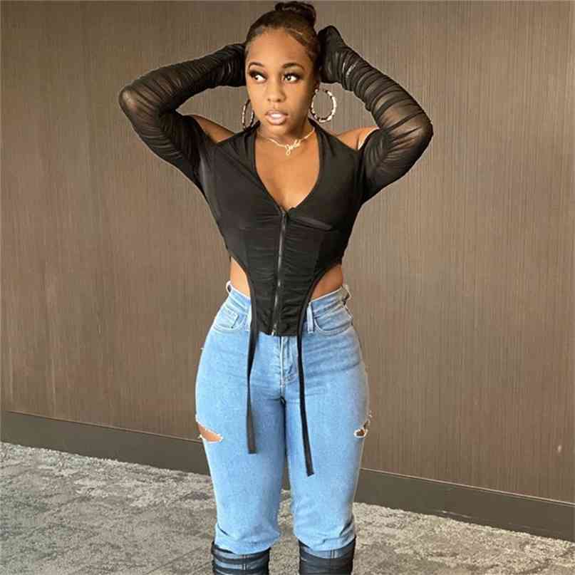 

Long Stacked Sleeve Halter Zipper Patchwork Sexy Crop Top Autumn Winter Women Fashion Streetwear Tshitrs Club Tees 210607, White