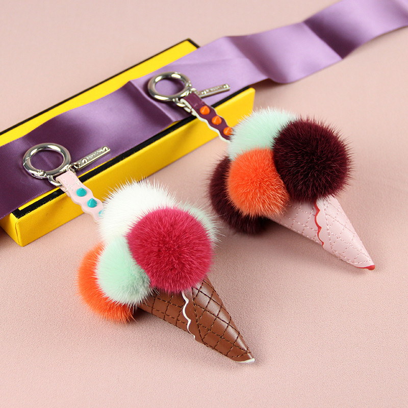 

High Quality Genuine Authentic Mink Fur Monster Ice Cream Cone Leather chain Bag Small Accesories Car Key Ring Pend