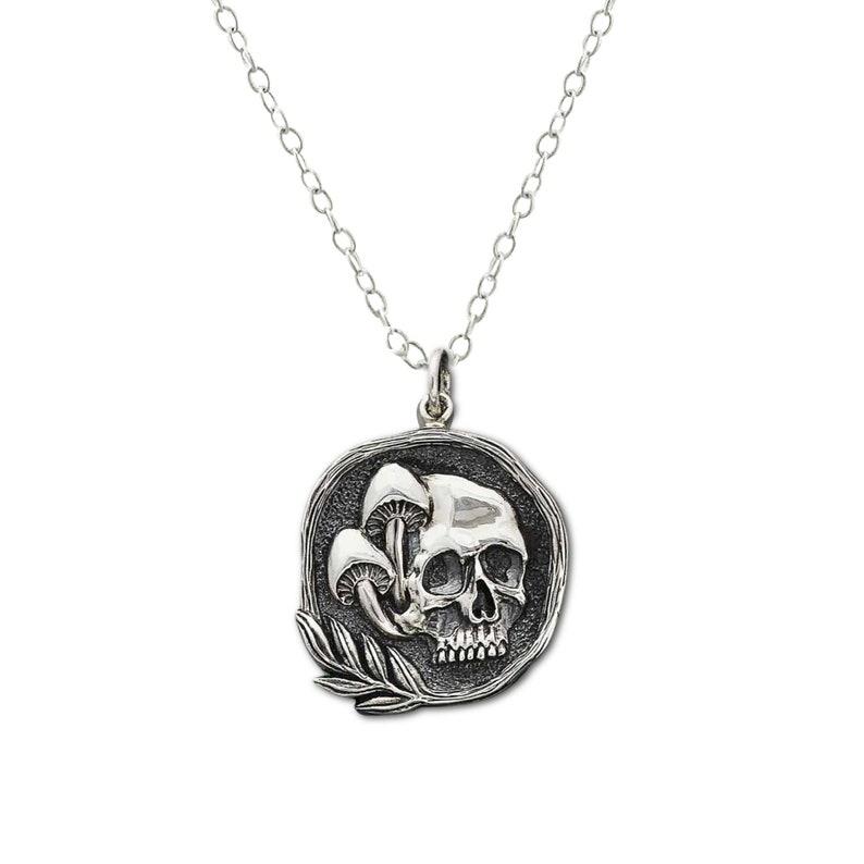 Pendant Necklaces Mushroom And Skull Necklace, Gift For Him Or Her, Sterling Silver Necklace Woman Man Gothic Jewelry, Dark