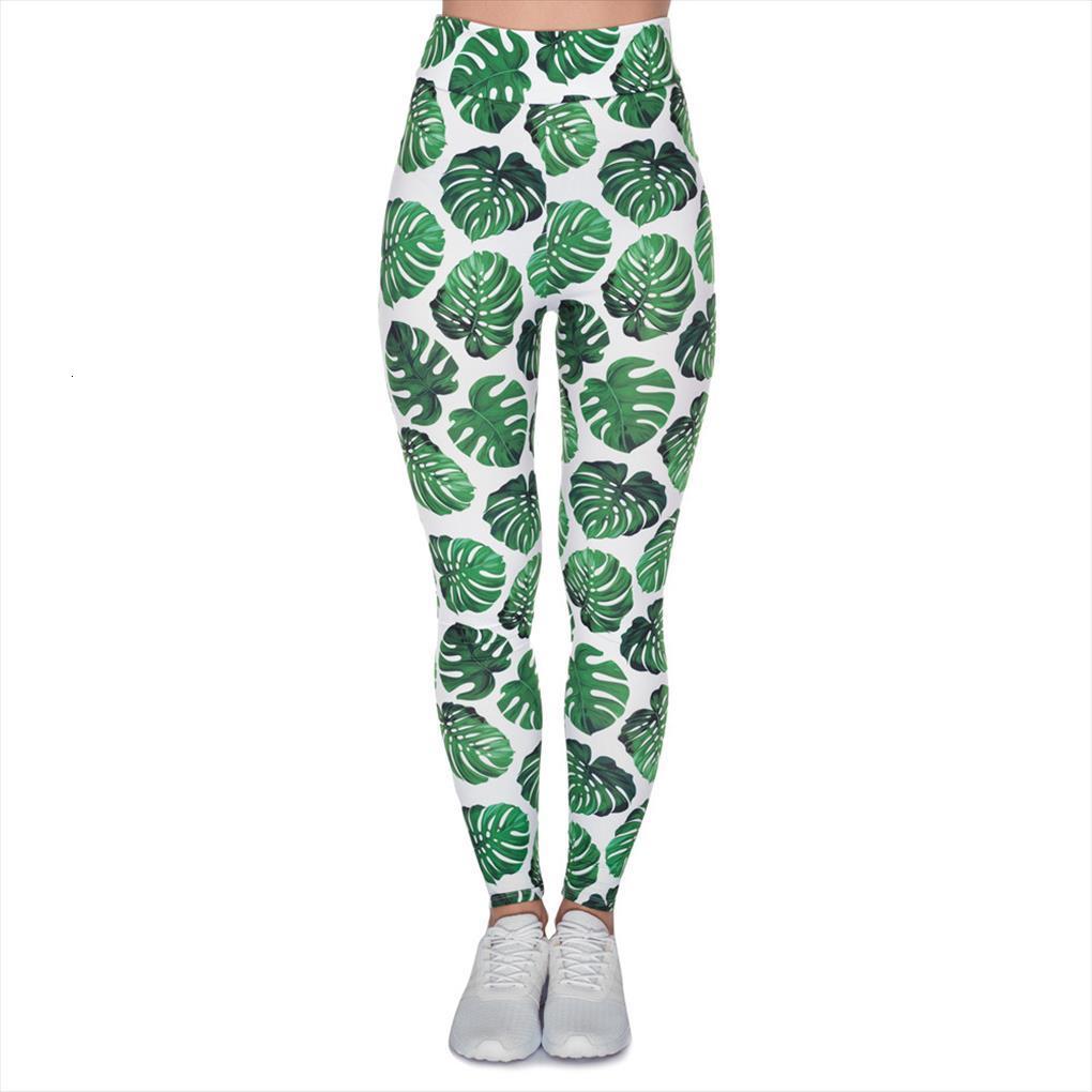 

high waist monstera white printing womens leggings fashion fitness pants, Black