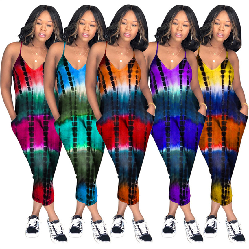

Women tie dye Jumpsuits spaghetti strap Rompers casual onesie summer fall clothing slim bodysuit skinny one piece pants -XL 5045, Mix color