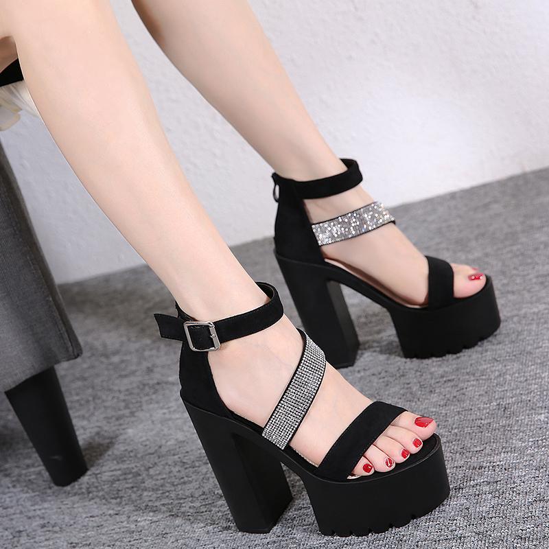 

Dress Shoes 14CM Rhinestone Coarse Heel Stripper Heels Models Party Full Sexy High Platform Fashion Nightclub, Black