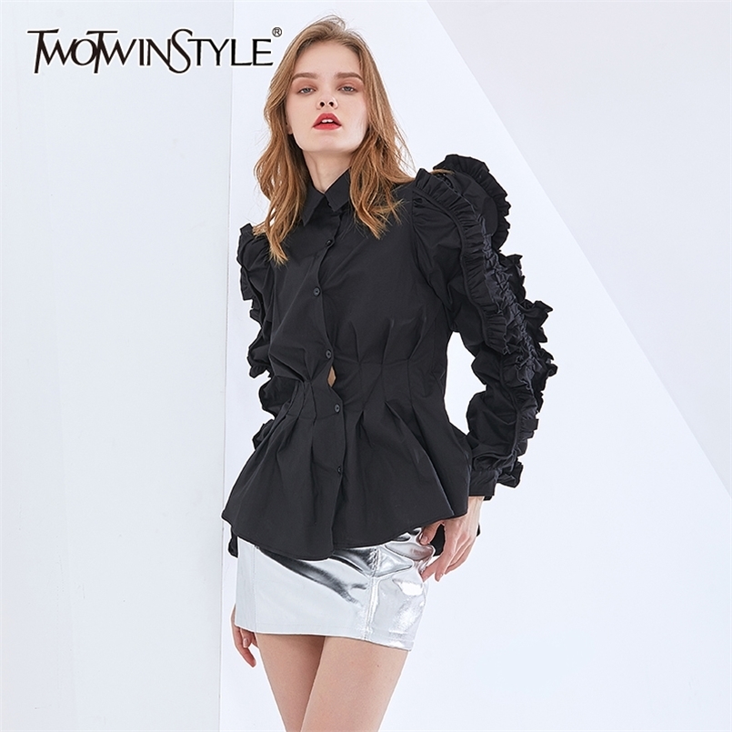 

Patchwork Ruffle Black Shirt For Women Lapel Long Sleeve Casual Solid Shirts Female Fashion Spring Clothes 210524
