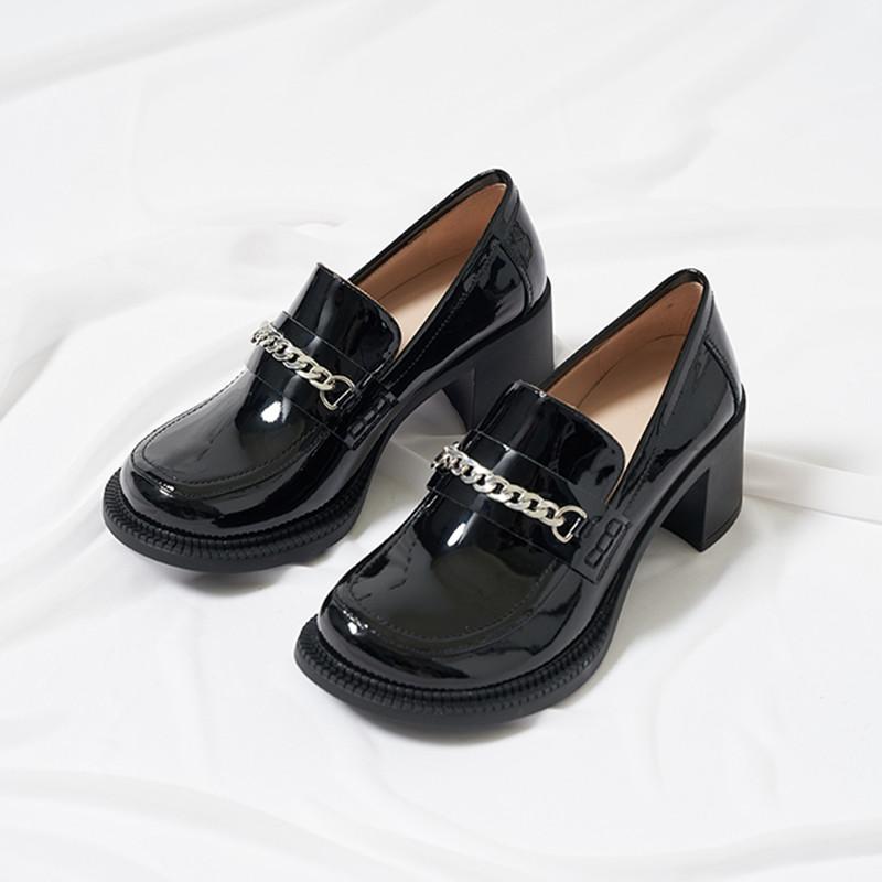 

Fashion Spring Women's Shoes High Heels Black Loafers Round Patent Leather Ladies Chain Thick Shoe Zapatos Mujer Dress