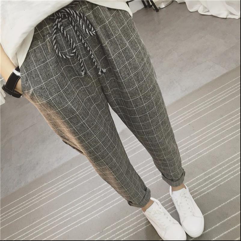

women capris womens pants summer casual loose harem cotton linen plaid grid spring literary trousers sarouel femme, Black;white