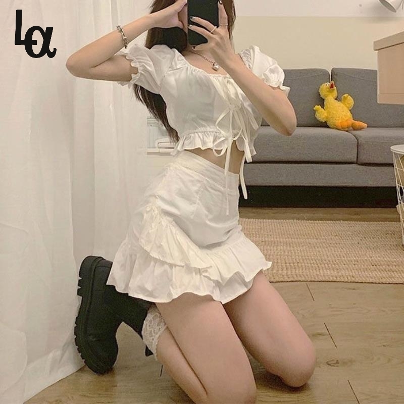 

Summer White Elegant Skirt Suits Women Korean Sweet Chic Bandage O-neck Casual Puff Sleeve Suit Party Blouse 210519, White suit