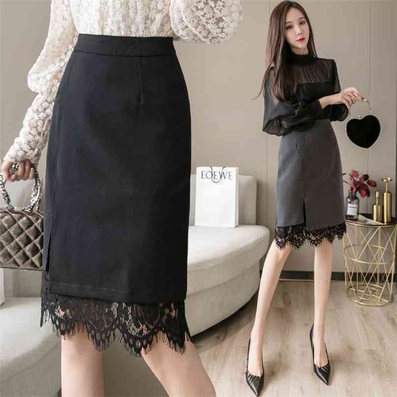 

Fashion lace stitching split skirt female summer black high waist bag hip 210520