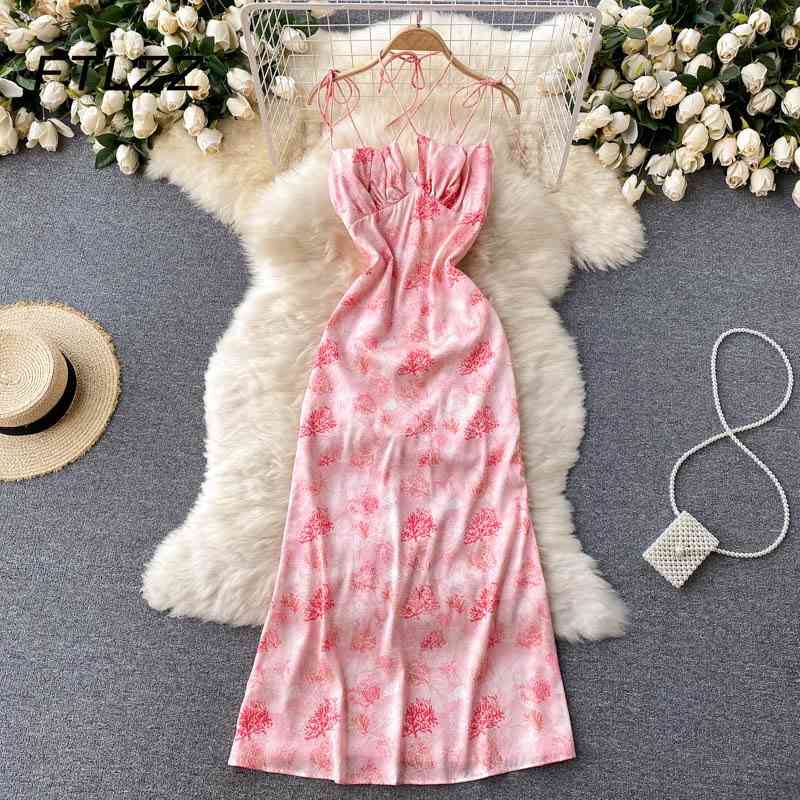 

Summer Elegant Boho Dress Fashion Women Halter Strap Slim Midi Bodycoy Dresses Ladies Flower Printing Party Long Robe 210602, Pink