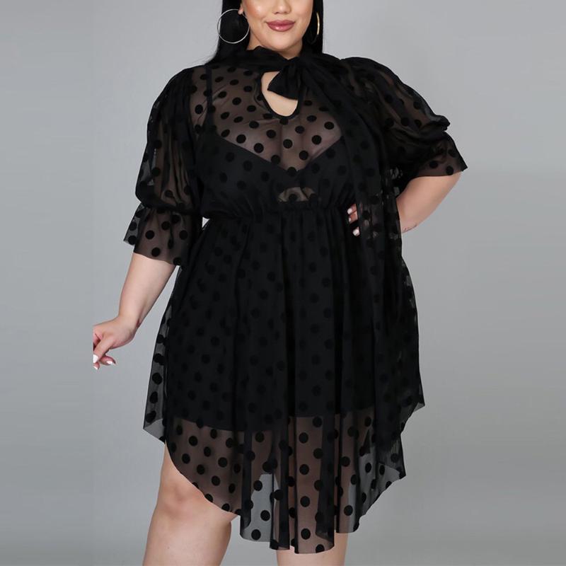 Robes Décontractées Noir Sexy Robe Transparente Femmes Grande Grande Taille À Manches Courtes À Pois Imprimé Taille Haute Asymétrique Soirée Élég