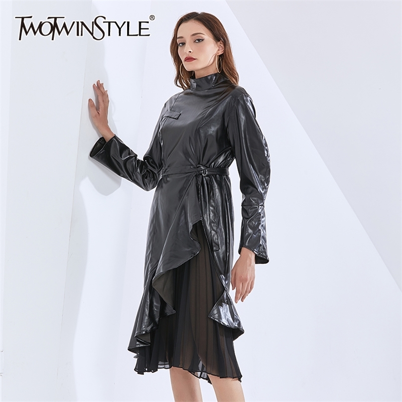

Patchwork Lace Up Pu Women Dress Stand Collar Puff Long Sleeve High Waist Ruched Black Dresses Female 210520