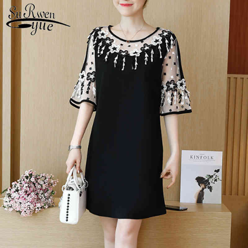 

Office Lady O-Neck Black Dress Women Spring Straight Patchwork Lace Elegant Half Flare Sleeve Plus Size 2724 210521