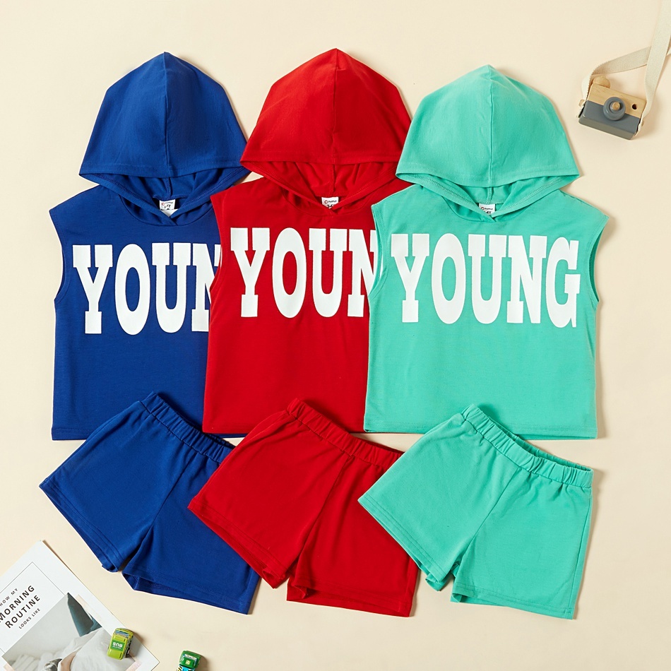 

2pcs Toddler Unisex Letter Print Hoodie and Solid Shorts Set 210521, Red