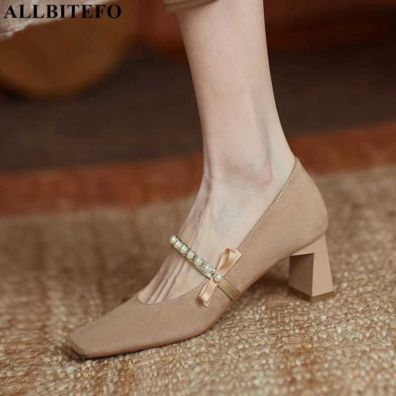 

ALLBITEFO Beaded bow design sheepskin suede genuine leather women high heel shoes fashion party wedding shoes women heels shoes 210611, As picture