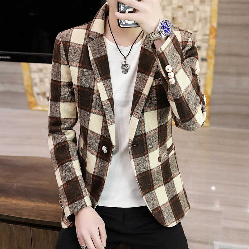 

Korean Plaid Blazers Men Spring Fashion Blazer Masculino Wedding Business Casual Suit Jacket Slim Fit Office Costume Homme 210527, Gray