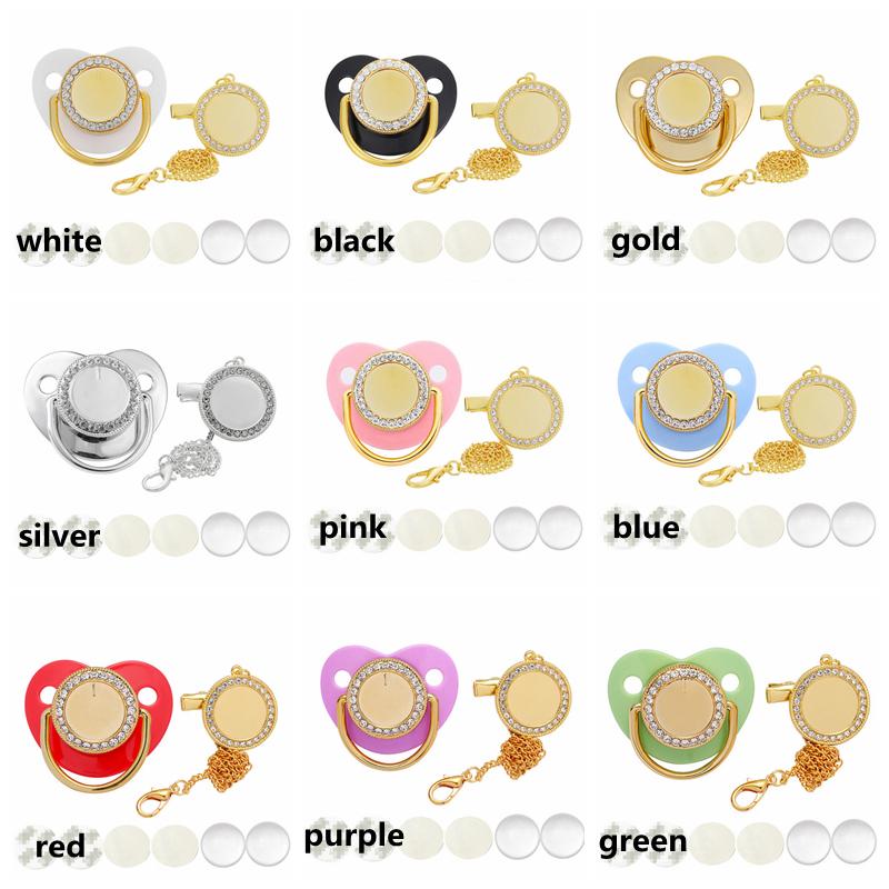 

Sublimation Baby Pacifier with Clip Favor Bling Crystals Blank Infant Pacifiers Chain Birthday Gift Newborn Care Tools 14 Color 0117