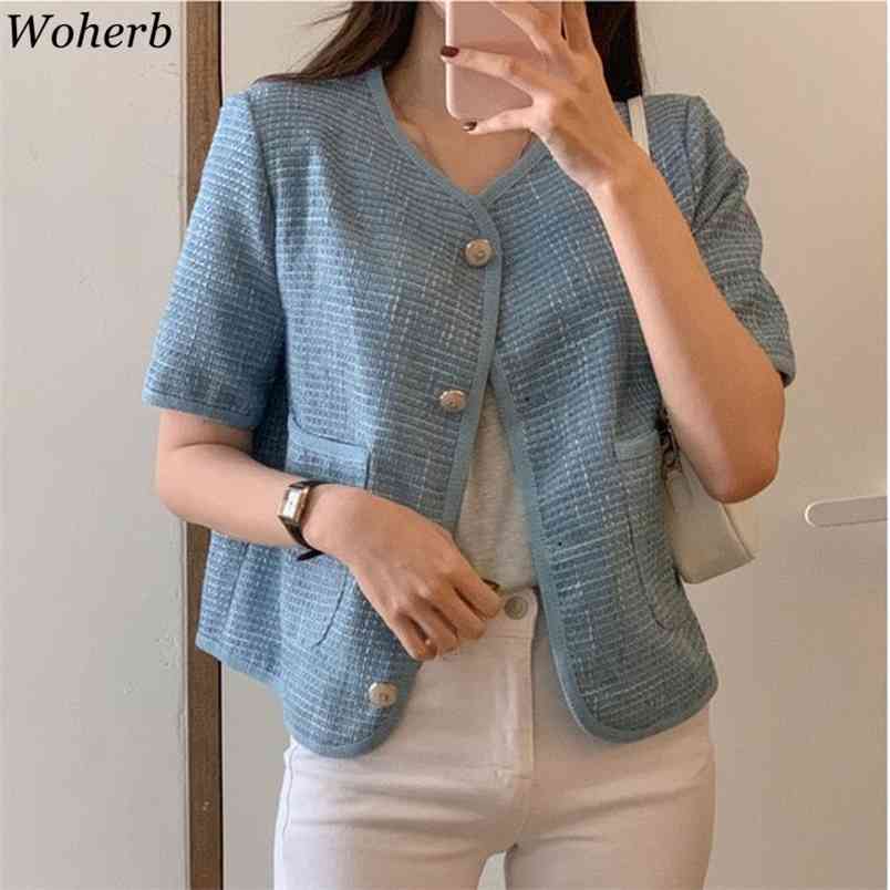 

Summer Short Sleeve Coat Women V-neck Single-breasted Jacket Korean Chic Vintage Elegant Ladies Tops 210519, Blue