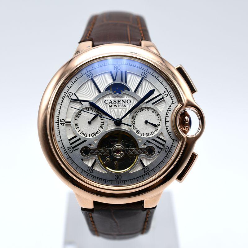 

Wristwatches CASENO Luxury Leather Band Tourbillon Mechanical Men Watch Drop Day Date Skeleton Gold Watches Automatic Wristwatch