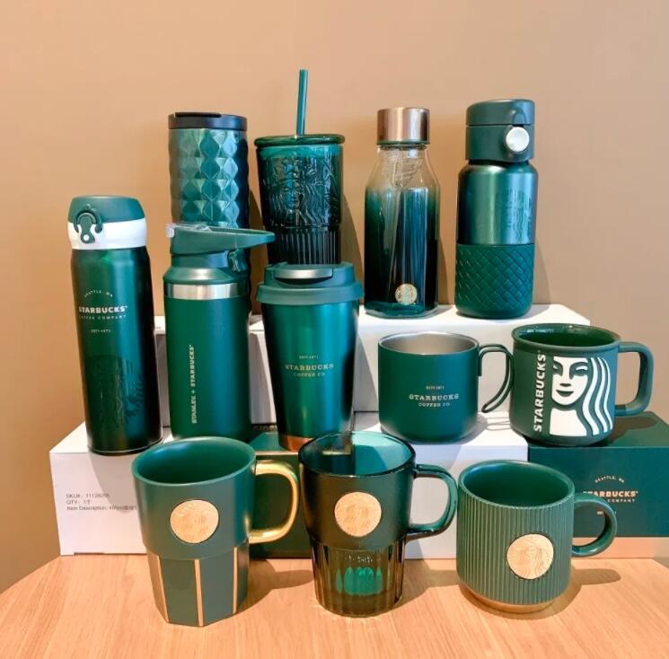 

Green 500ML With Box Brand Designer Letter Starbucks Thermal Insulation Vacuum Gradient Leather Water Bottle Mugs Coffee Cups Men Women Stainless Steel Real