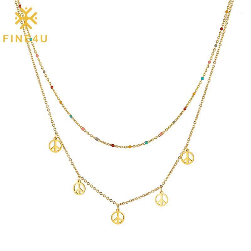 

Pendant Necklaces FINE4U N876 Gold Color Round Necklace Stainless Steel Layering Link Chain With 1.5mm Colorful Beads