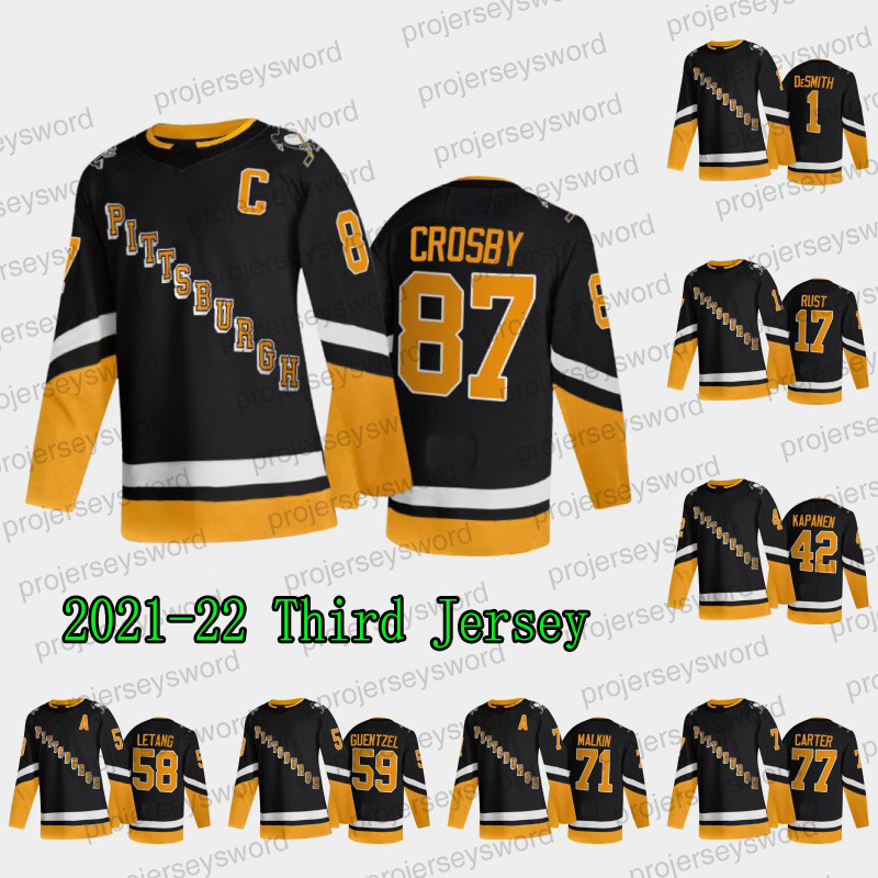 

2021-22 Pittsburgh Penguins 87 Sidney Crosby Third Jersey Black 17 Bryan Rust 42 Kasperi Kapanen 58 Kris Letang 59 Jake Guentzel 71 Evgeni Malkin 77 Jeff Carter Jerseys