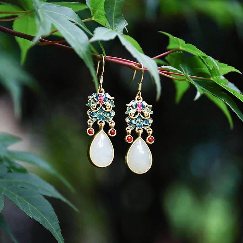 

Natural Hetian White Jade Colorful Enamel Porcelain Drop-shaped Earrings Chinese Retro Light Luxury Charm Women's Silver Jewelry Dangle & Ch