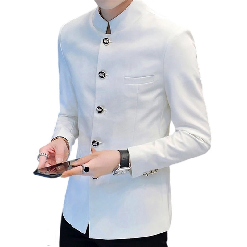 

Stand Collar Men Casual Blazer Chinese Style Slim Fit Tunic Suit Jacket Autumn Spring Male Outerwear White / Black 211120