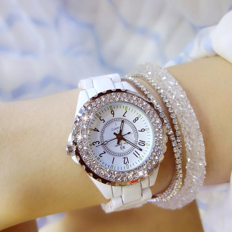 

Wristwatches Fashion Women Watches Luxury White Ceramic Strap Shiny Rhinestones Diamond Relogio Feminino Ladies Quartz Watch Kadin Izle, White watch