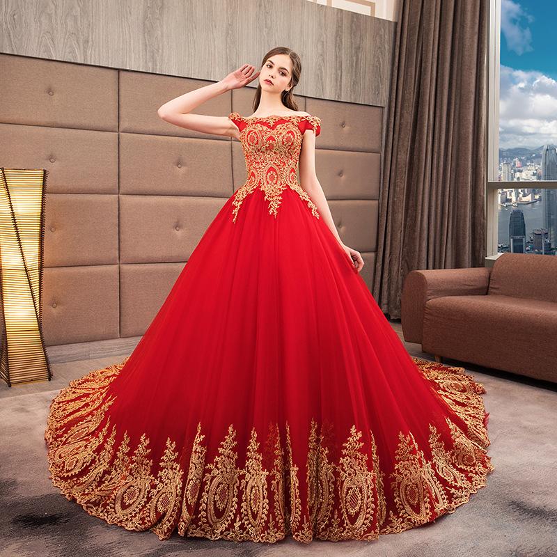 

Ethnic Clothing Appliques Chinese Bridal Wedding Dresses Gown Slash Neck Sexy Women Qipao Mesh Trailing Cheongsams Red Vintage Robe De Soire