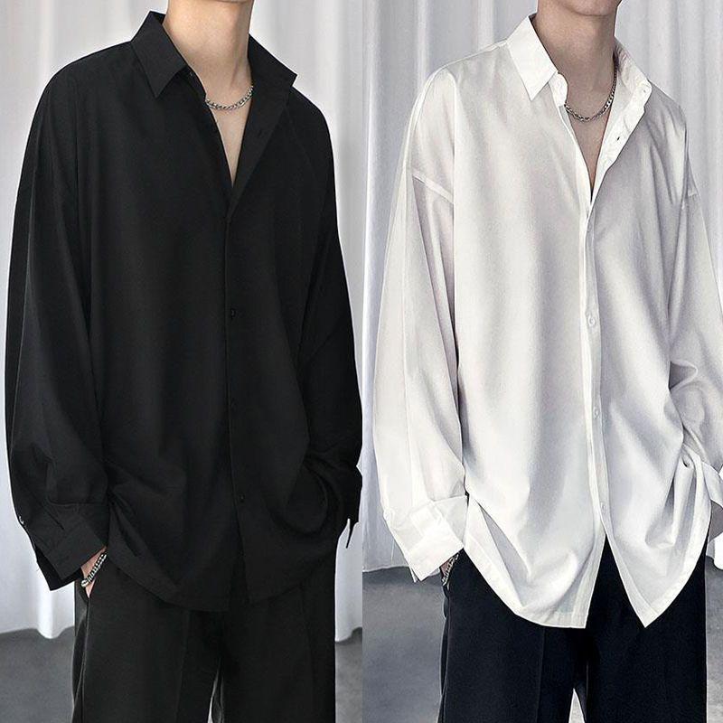 

Men's Casual Shirts Man Korean Fashion Solid Street Men Clothes Spring Long-sleeved Shirt Trendy Wild Loose Handsome Coats, Black